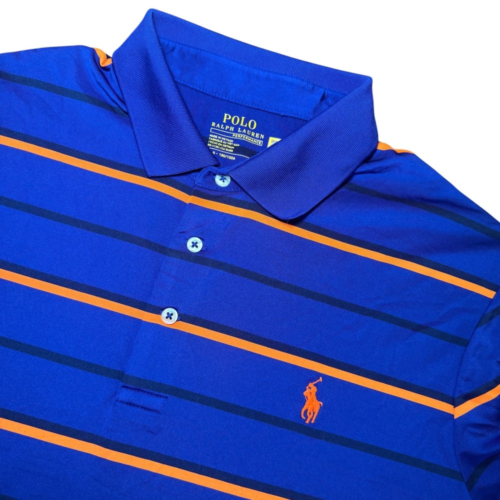 Polo Ralph Lauren Performance Polo Shirt Mens Large Blue Orange Striped Golf